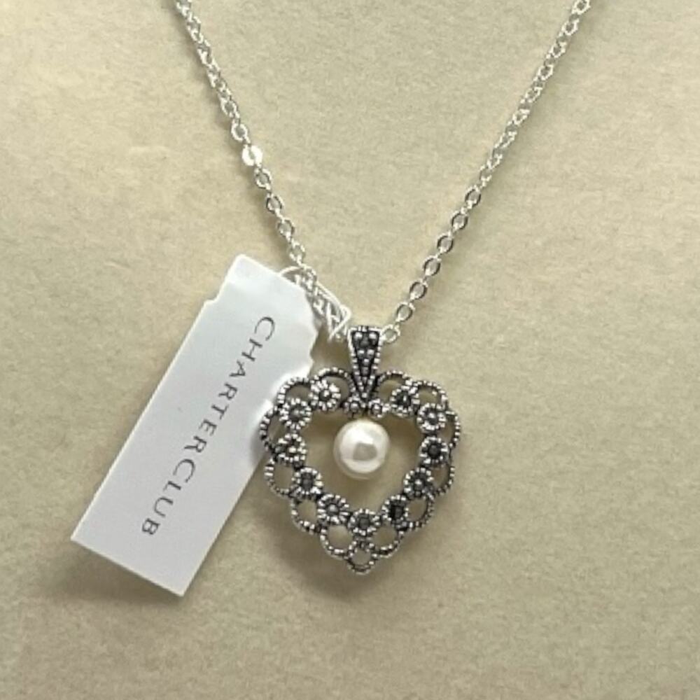 Charter Club Vintage-Inspired Pearl Heart Silver Pendant Necklace NWT